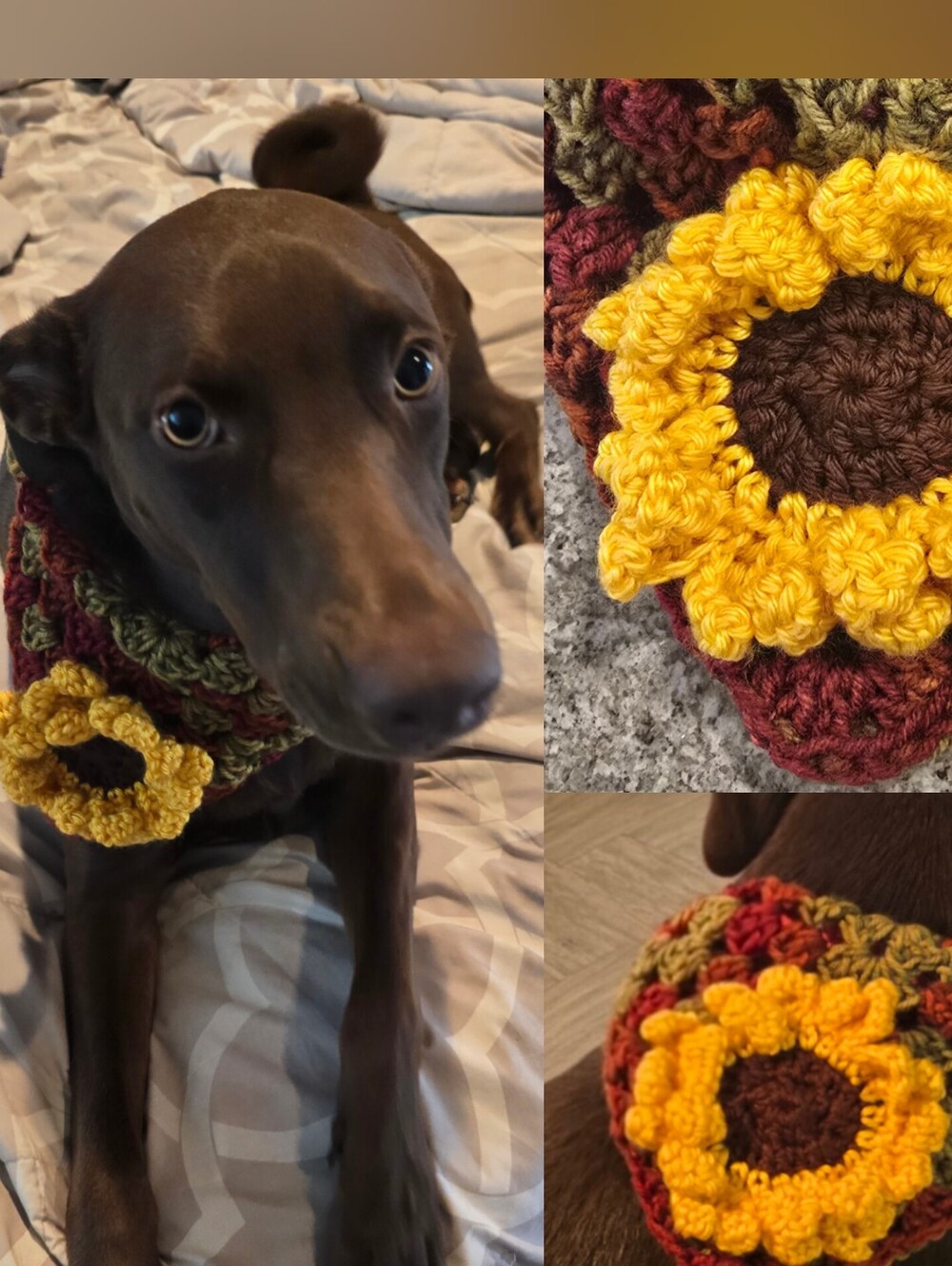 Handmade Crochet Bandana With Handmade Sunflower Motif Rust/Olive/Yellow/Brown